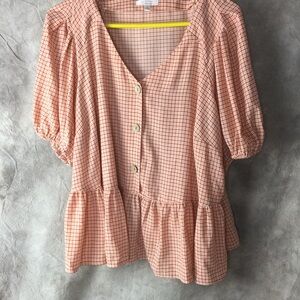 LC Lauren Conrad Coral Checkered Blouse 1X